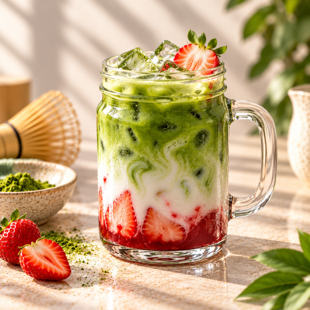 Ľadové matcha latte s jahodami-1